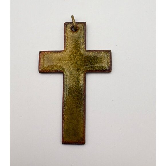 Vintage Enamel Cross Pendant Green and Bronze Tone Double Sided Religious - Picture 2 of 7